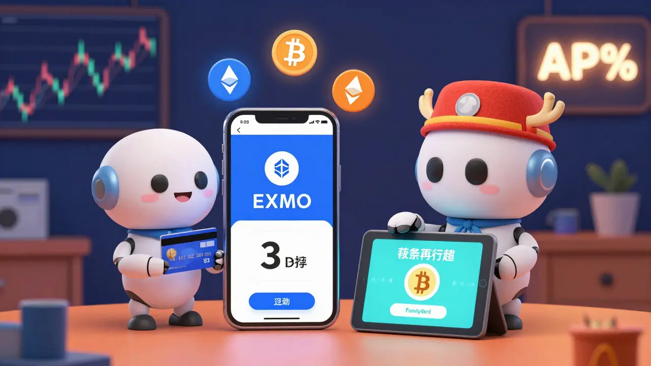 Two cartoon traders using EXMO and BitoPro apps, one with a credit card, the other converting FamilyMart points to Bitcoin.