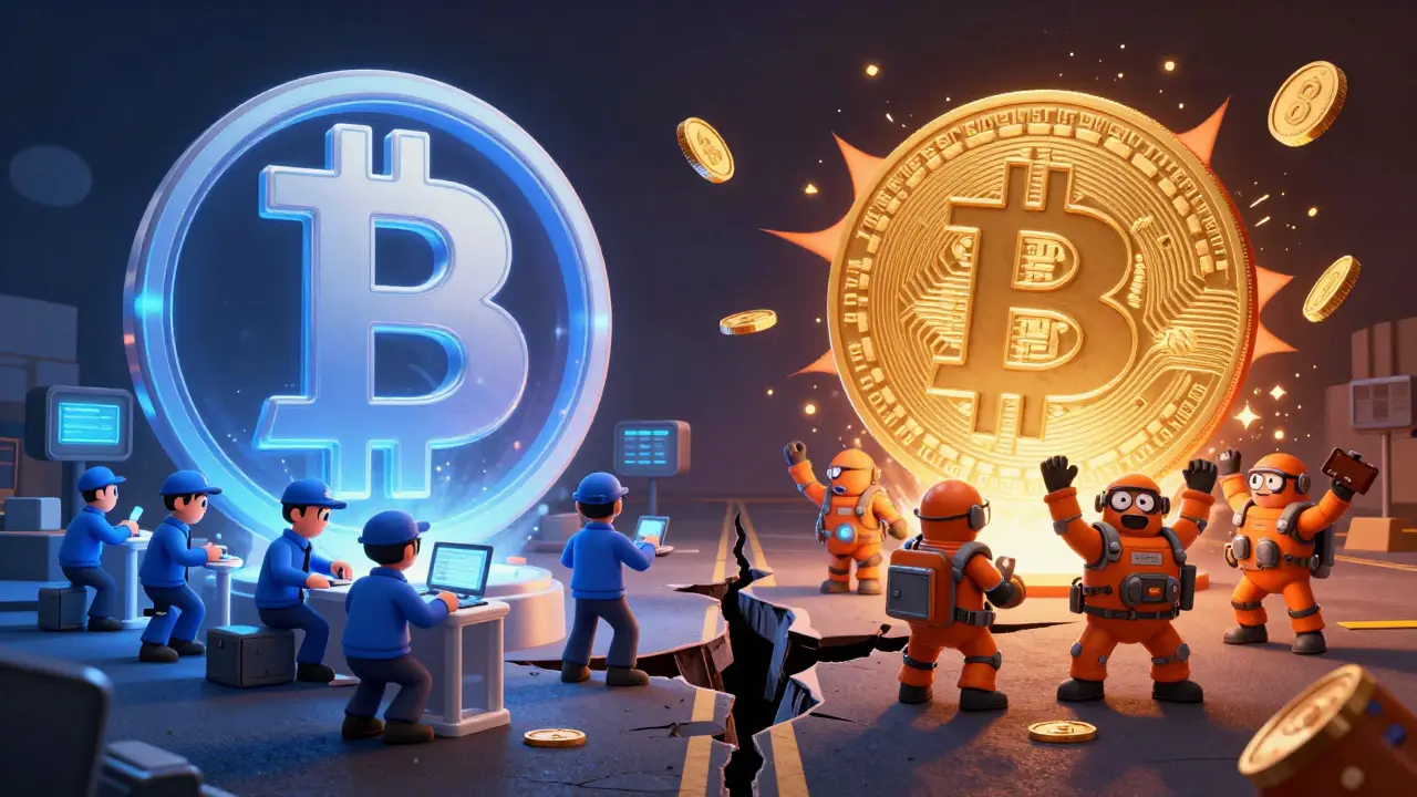 Two separate blockchain chains splitting apart with miners and coins flying into different worlds.