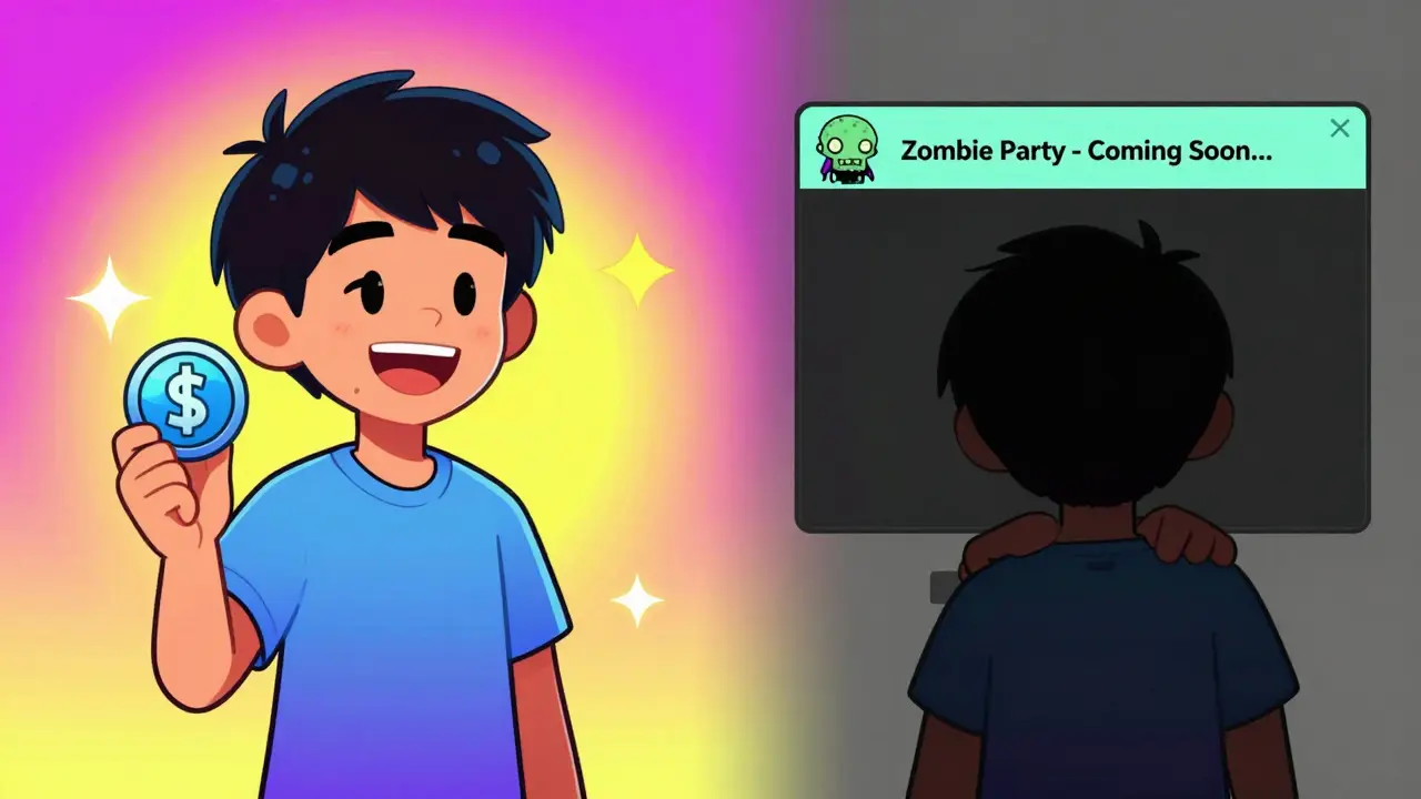 Two versions of a person: hopeful with a token vs. disappointed facing a dead project