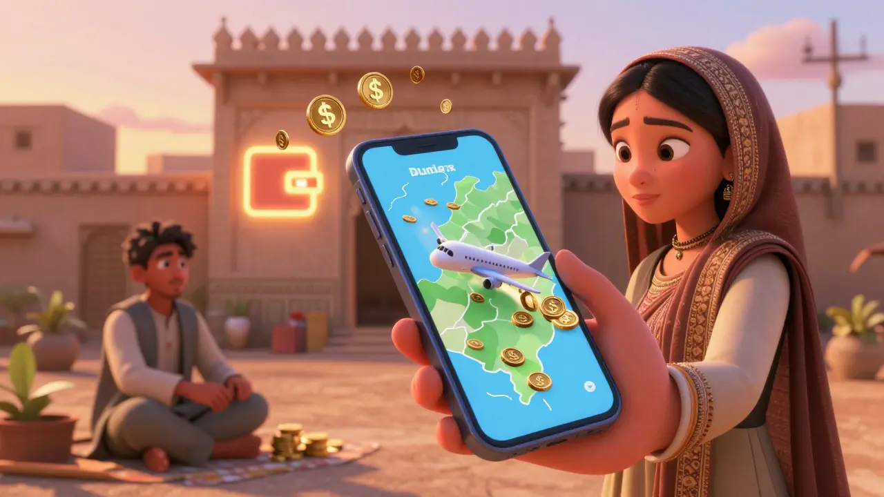 Woman in rural village sending crypto remittance to brother abroad, digital coins flying across a map.