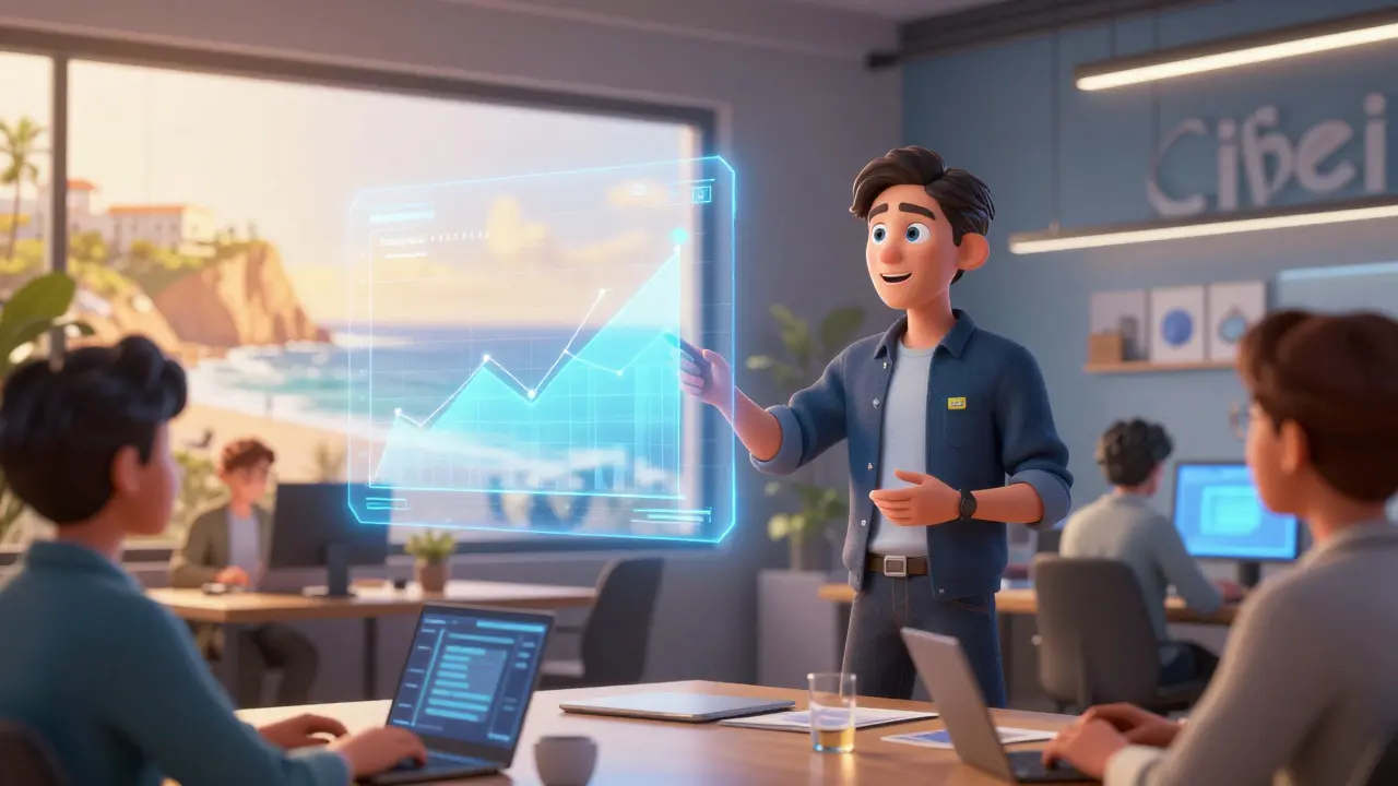 A blockchain developer presenting in a Lisbon co-working space with a tax-free crypto hologram.