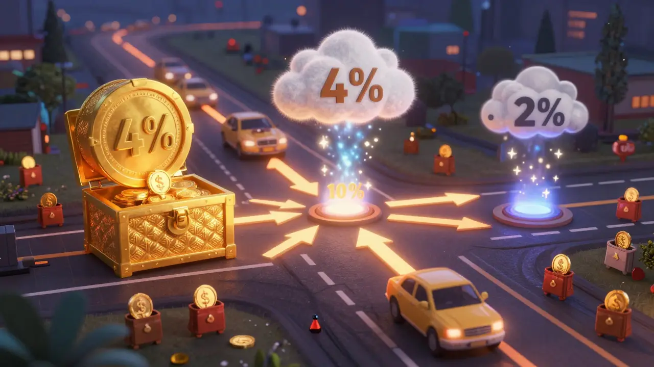 A blockchain highway splits transaction fees into reward, charity, and burn paths, with wallets filling automatically.