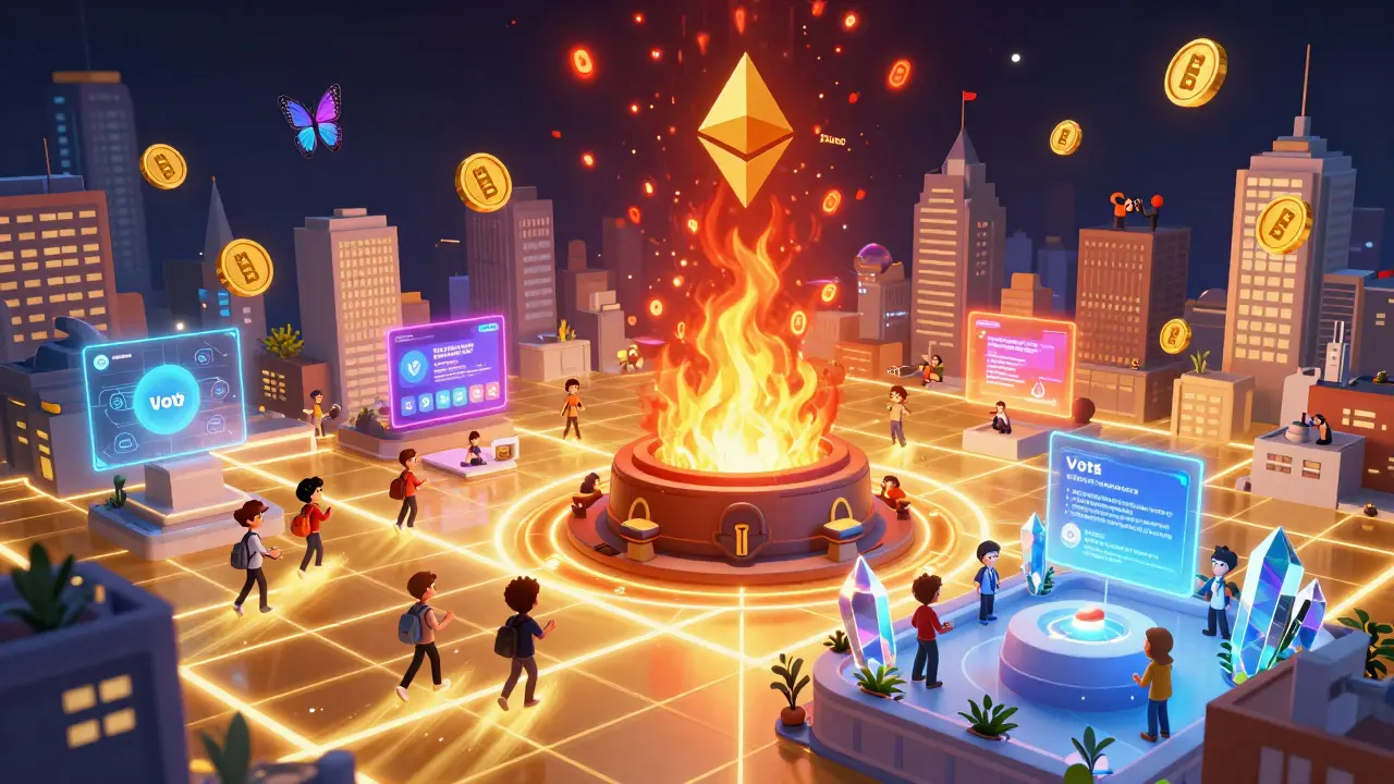 A colorful digital city named Shibarium with users riding SHIB tokens between apps, a giant burn furnace, and BONE tokens floating like butterflies.