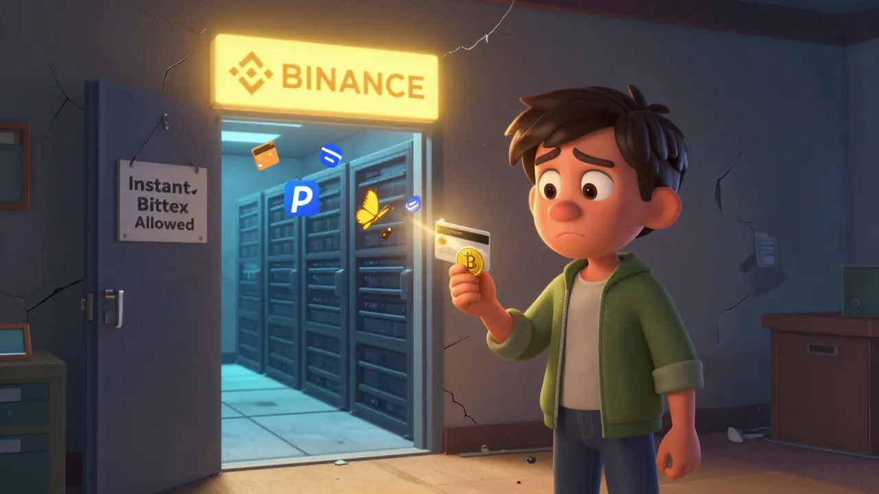 A confused user facing a 'No Fiat' door while a welcoming exchange glows nearby, symbolizing accessibility in crypto.