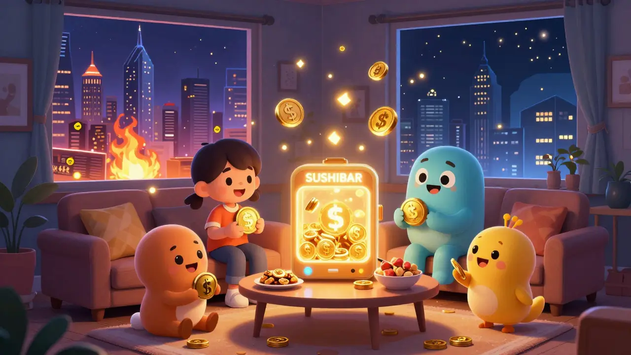 A cozy DeFi scene with characters trading and staking tokens, while expensive Ethereum fees burn in the distance.