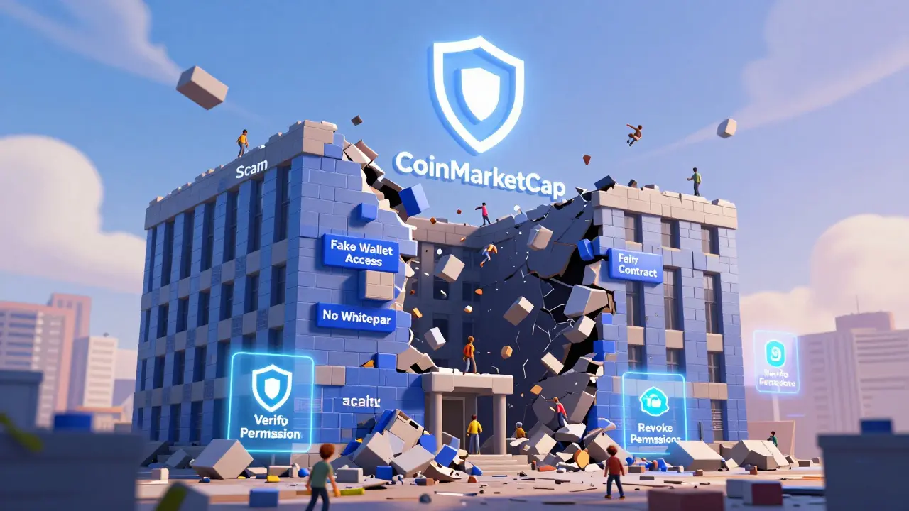 A crumbling fake CoinMarketCap building collapses into darkness while a real logo shines safely above.