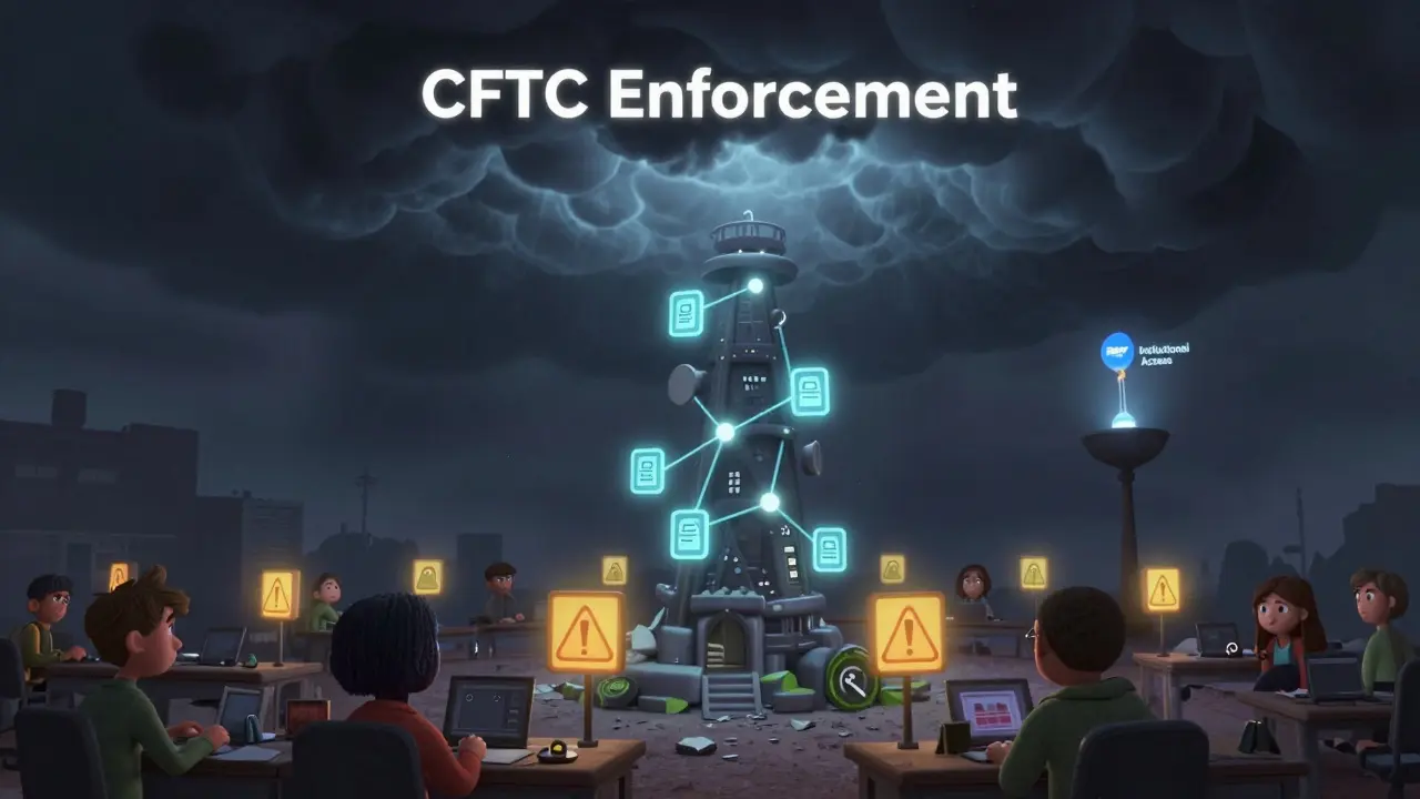 A fragile Opium Network tower under a regulatory storm, with Fidelity's light shining in the distance.