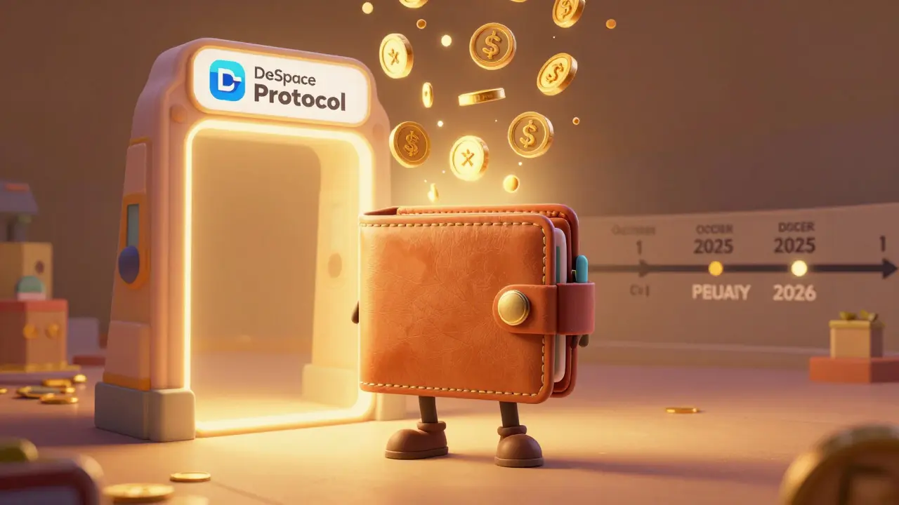 A friendly wallet backpack standing before a DeSpace Protocol portal as tokens rain down.