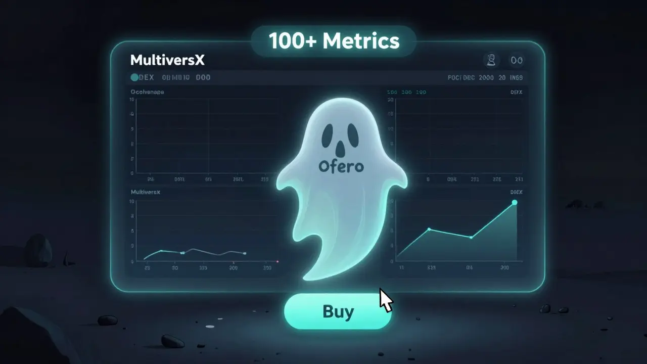 A ghostly OFE token above an empty DEX interface with zero trading volume.