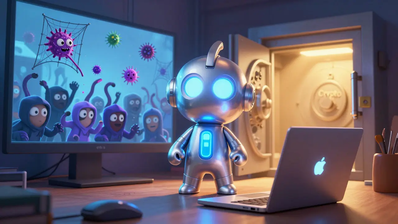 A hardware key hero blocking hackers from a crypto vault, glowing protectively on a desk.