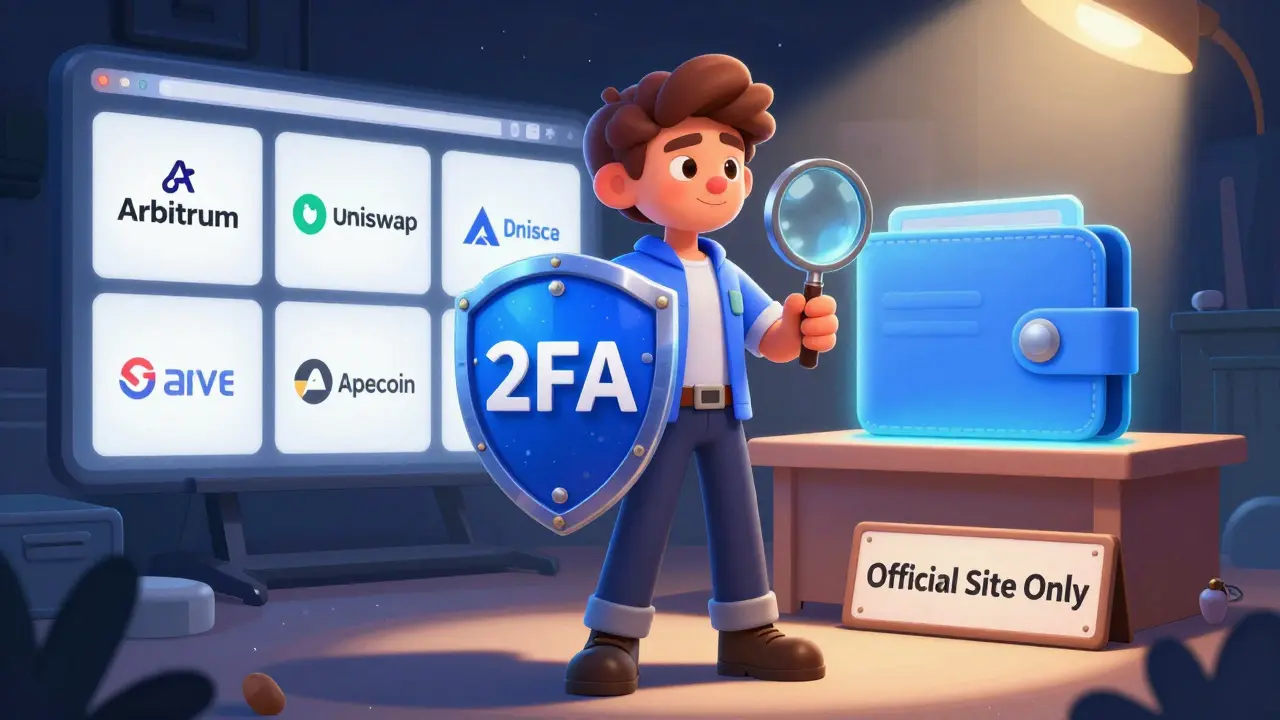 A hero user with a shield and magnifying glass standing between chaotic scam websites and a safe, clean wallet.