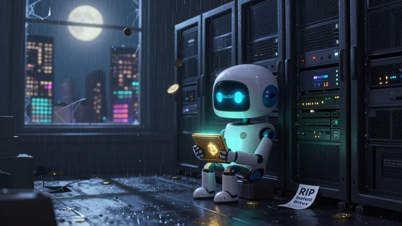 A lonely robot sits amid silent servers, holding a wallet as digital coins fall around it, symbolizing loss and abandonment.