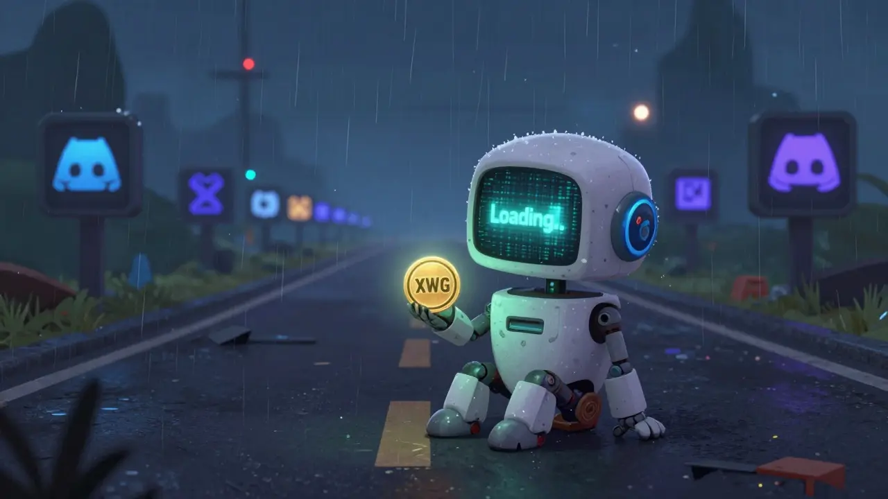 A lonely robot sits on an abandoned digital highway holding a single XWG token under rain.