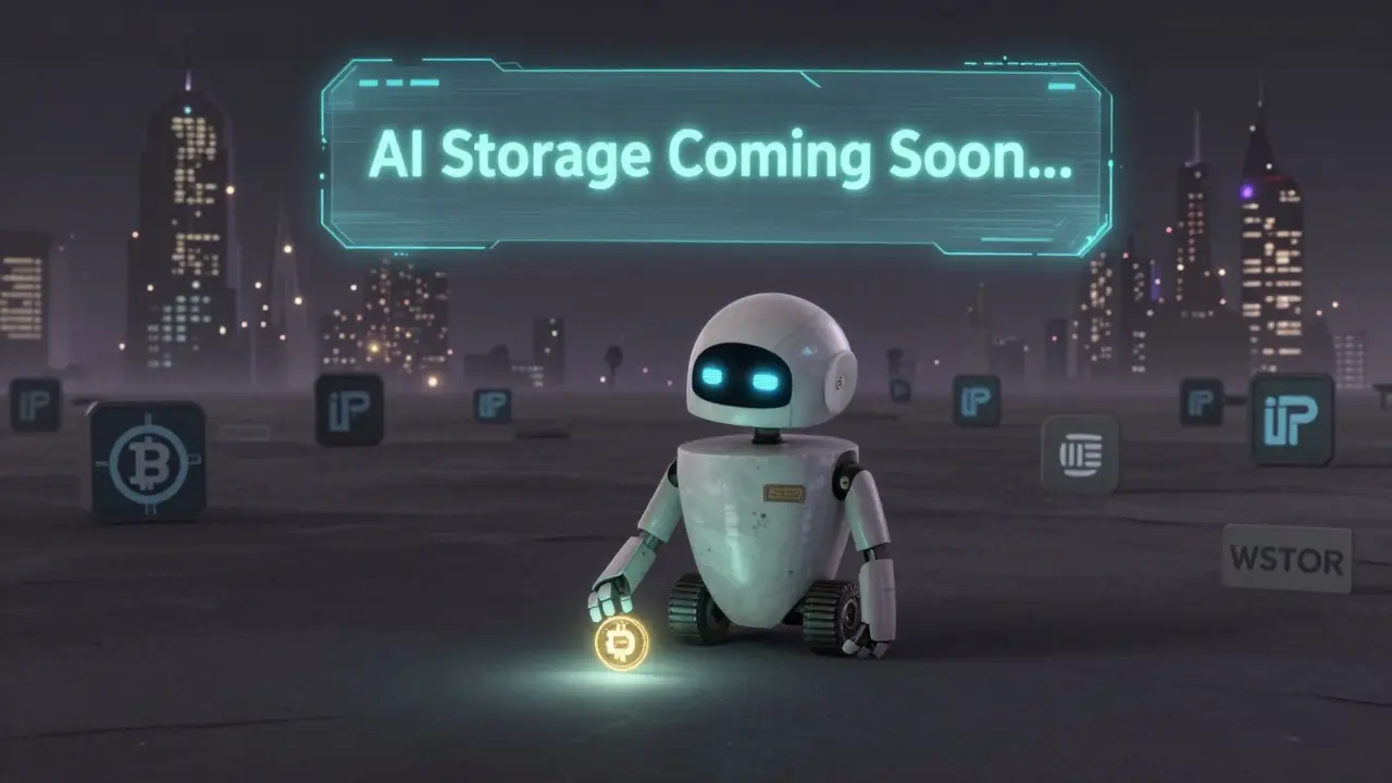 A lonely storage robot sits alone in a digital wasteland with a faint WSTOR token glowing in its hand.