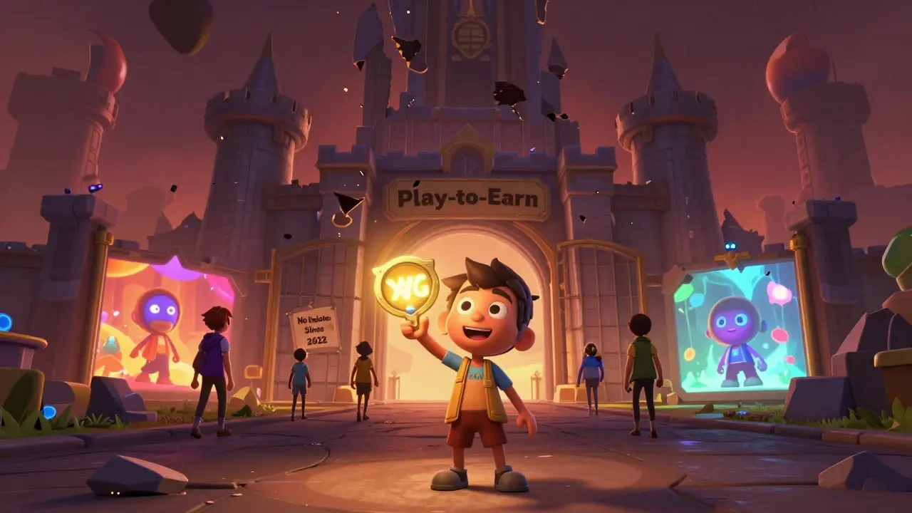 A player holding an XWG token beside a crumbling digital castle while others leave for better games.