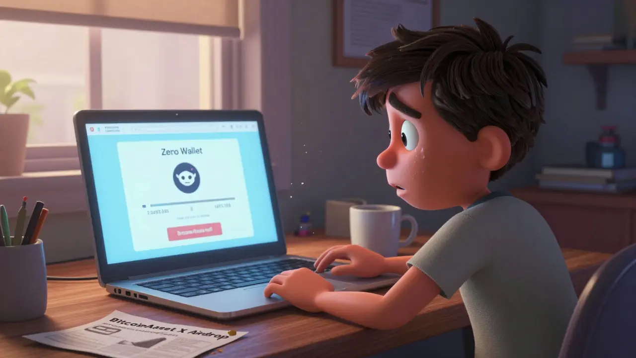 A shocked person stares at a laptop showing zero crypto balance, with a torn scam flyer on the floor.