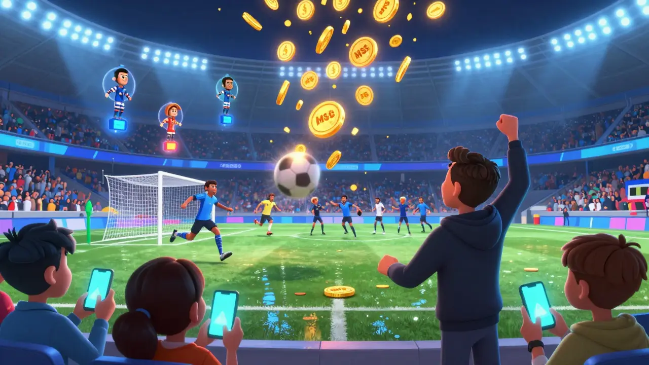 A soccer manager celebrates as MSU tokens rain down after their team scores in a digital stadium.