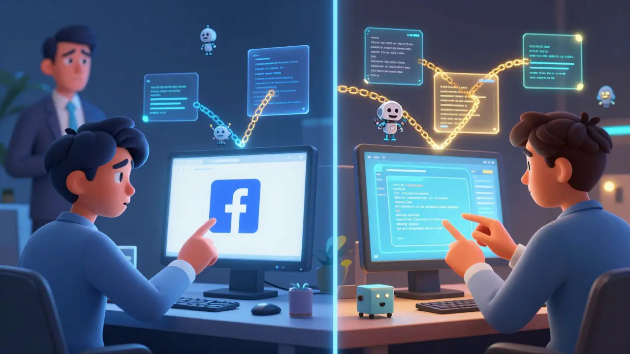 A user compares a centralized app with a decentralized one, surrounded by friendly verifying nodes and glowing smart contracts.