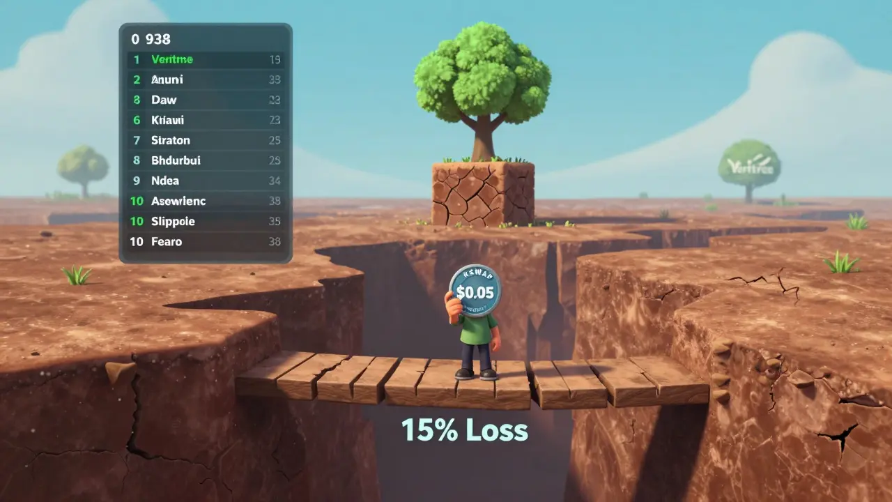 A user standing on a risky bridge over a slippage chasm, holding a low-value token, with a barely visible tree growing from digital soil.