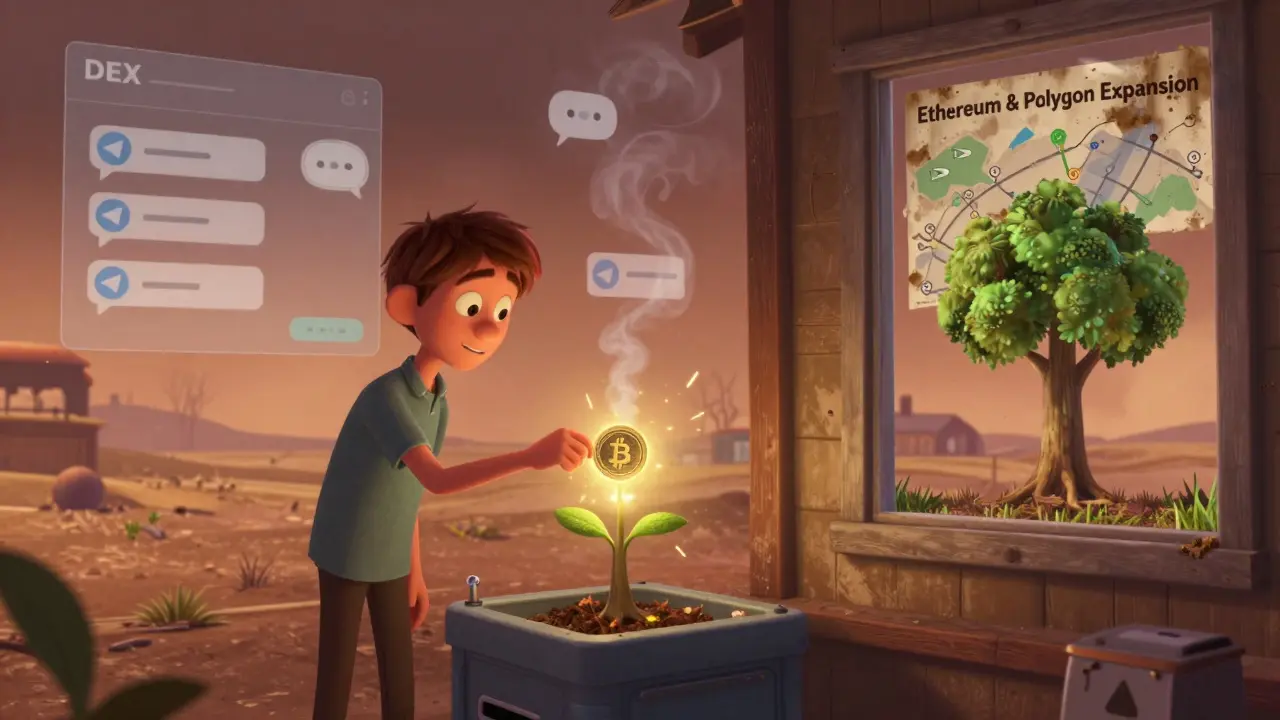 A user trying to plant a tree with a malfunctioning machine, surrounded by abandoned crypto platforms and a dusty roadmap, while a real tree grows outside.