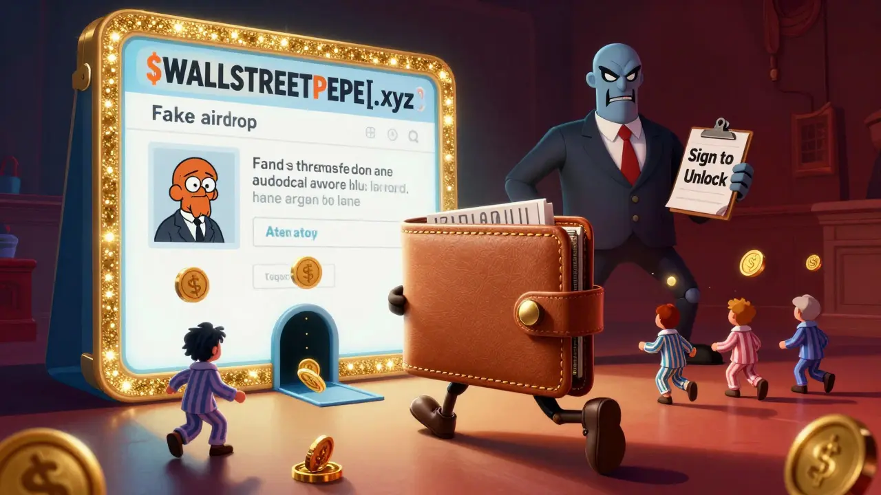 A wallet running from a fake airdrop portal as robots lure users with glowing tokens that hide trapdoors.