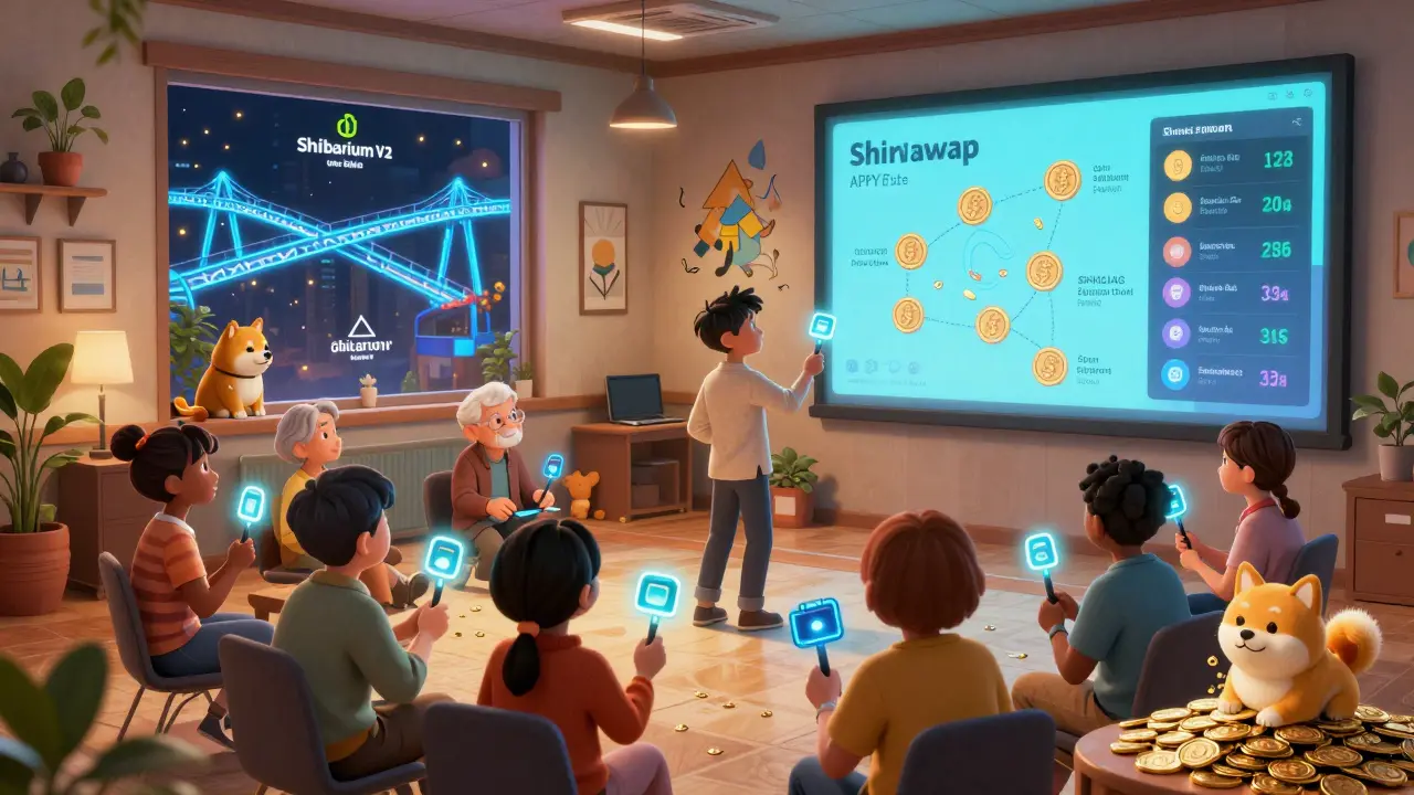 A warm community hub where people gather around a screen showing burn stats and staking rates, with Shibarium V2 bridges connecting to other blockchains.