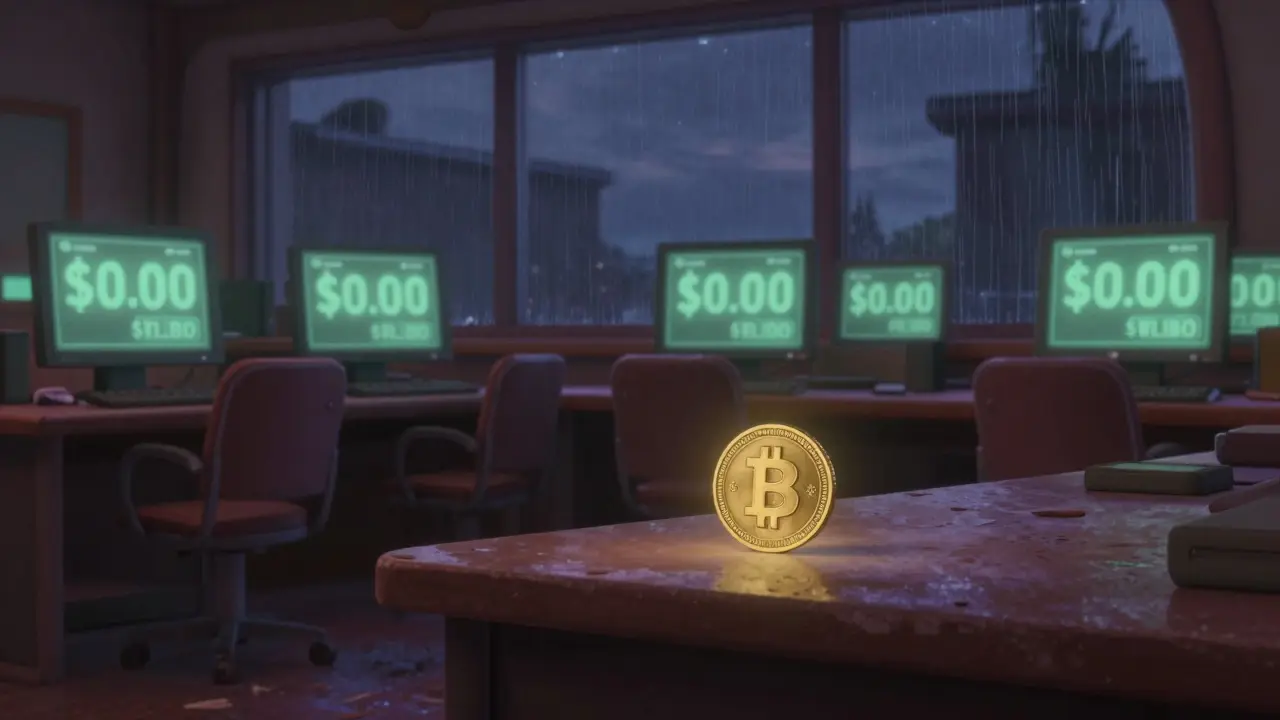 An empty crypto trading floor at dusk, a single WLBO token glows faintly on a desk as prices show <h2>How to Check Your WLBO Rewards</h2>.00.