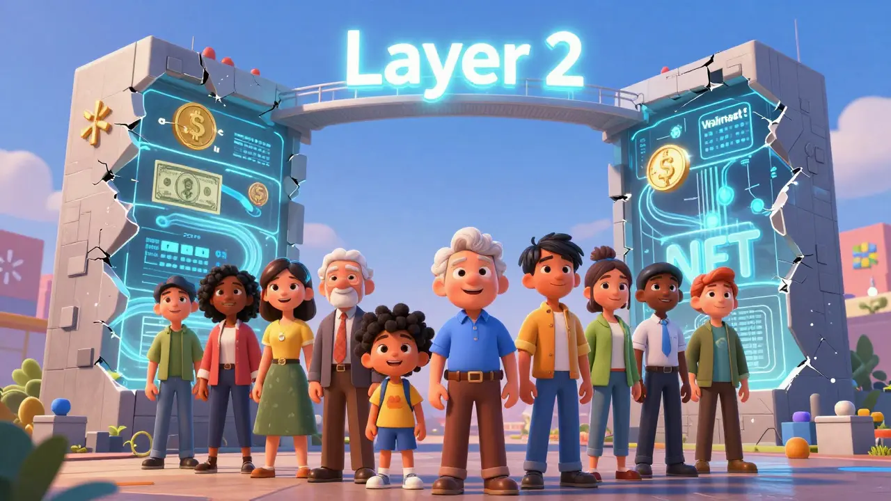 Diverse users stand before a transparent blockchain wall showing data flows, with a glowing Layer 2 bridge symbolizing improved efficiency.