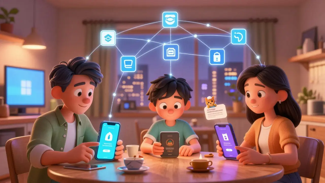 Family using digital wallets to verify credentials at home, connected by shimmering identity networks.