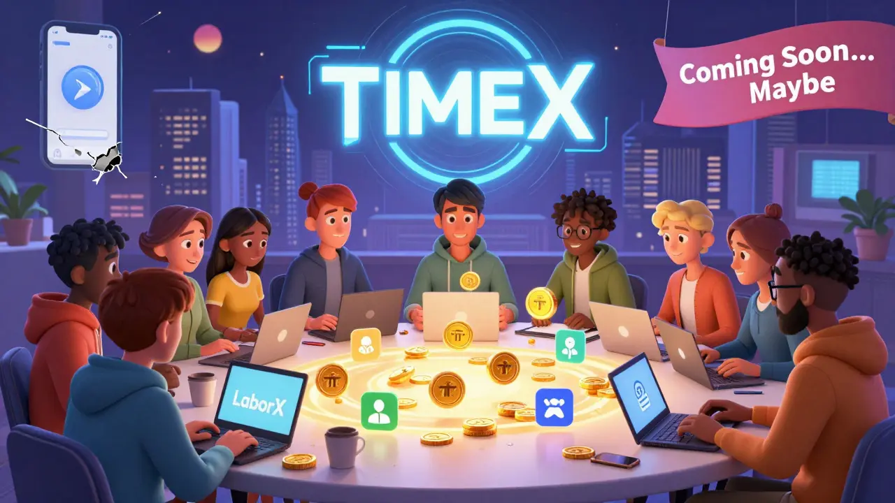 Freelancers in Australia sharing TIME tokens around a table, with a fading mobile app icon in the corner.