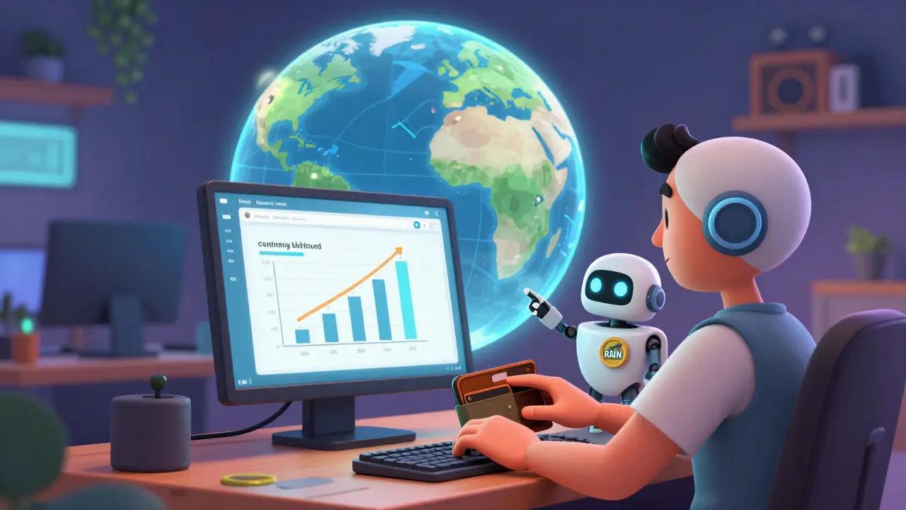 Gamer connecting wallet to platform as robot companion shows progress toward rewards