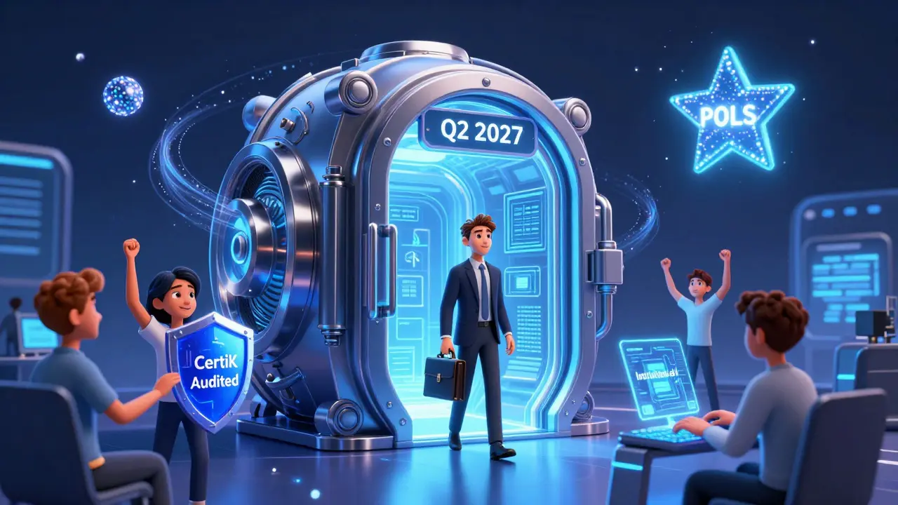 Pixar-style future vision of Polkastarter V3 with zero-knowledge vault and institutional user entering.