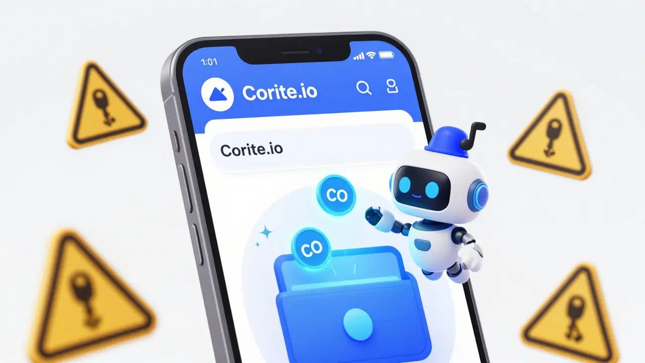Smartphone showing Corite website with a robot dropping tokens, warning signs for scams nearby.