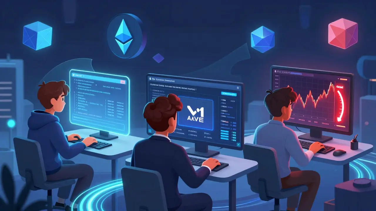 Three users—a developer, institutional trader, and speculator—interacting with a futuristic blockchain landscape.