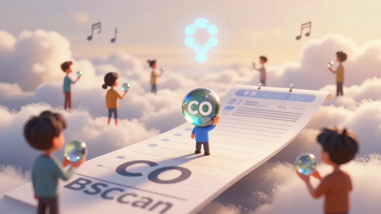 Tiny character holding a CO token on a giant blockchain ledger under golden hour light.