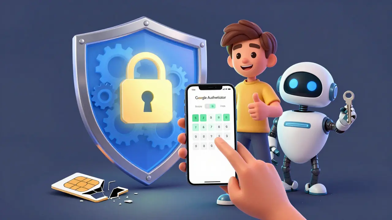 User safely using an authenticator app with a protective shield, while a broken SIM card lies nearby.