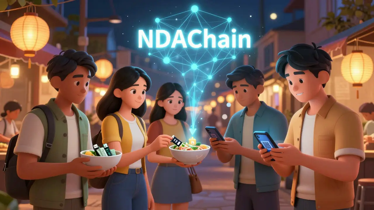 Vietnamese people trading crypto via cash and USB drives in a night market, with a glowing NDAChain above.