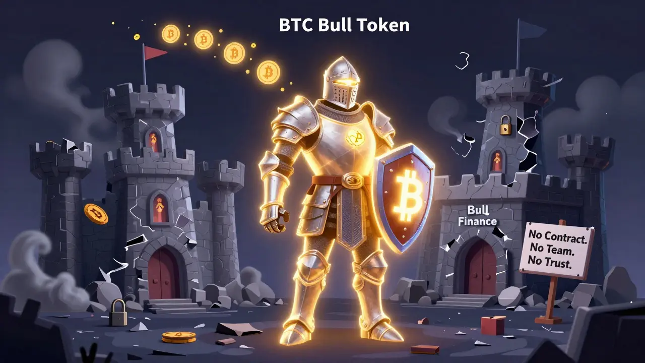 A brave BTC Bull Token knight stands beside a crumbling castle labeled 'Bull Finance,' symbolizing real vs. fake projects.