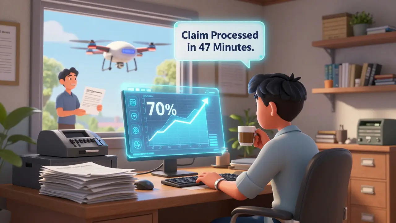 A claims adjuster relaxes as blockchain replaces paperwork, with a dashboard showing 70% lower processing costs.