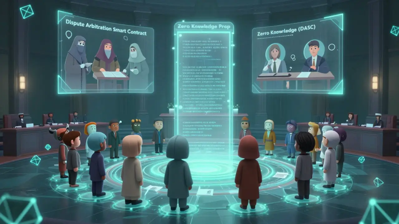 A community voting on a holographic ballot, with a privacy portal glowing behind them.