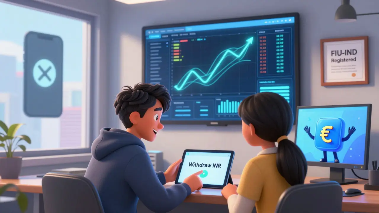 A crypto exchange employee helping a customer withdraw fiat, with blockchain trails and digital rupee icons visible.