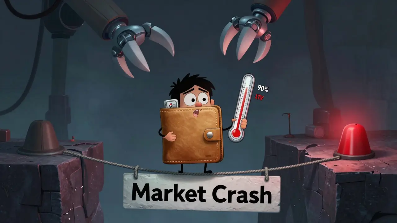 A crypto wallet on a tightrope above a market crash chasm, with liquidation claws reaching down.