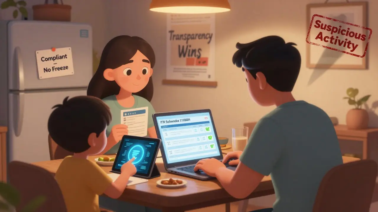 A family at dinner, one member filing crypto taxes, while a digital rupee glows on a tablet.