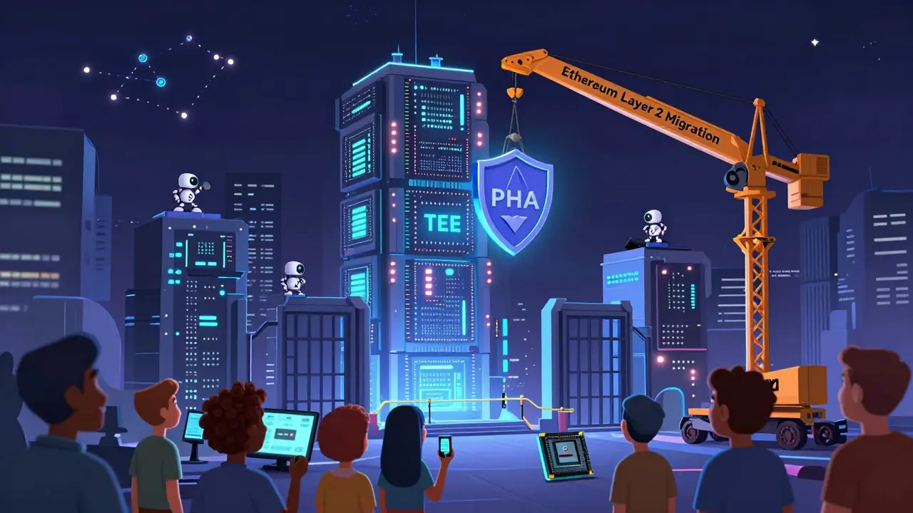 A fortress of privacy chips under a migrating PHA token, with workers installing nodes as Ethereum Layer 2 rises in the background.