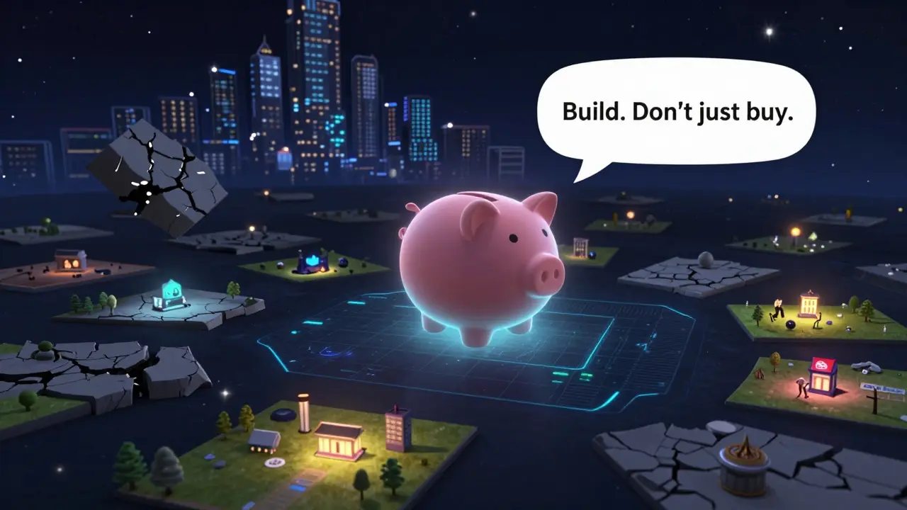 A glowing digital wallet floats among drifting NFT land plots—some dead, some alive—with a distant metropolis glowing in the background.