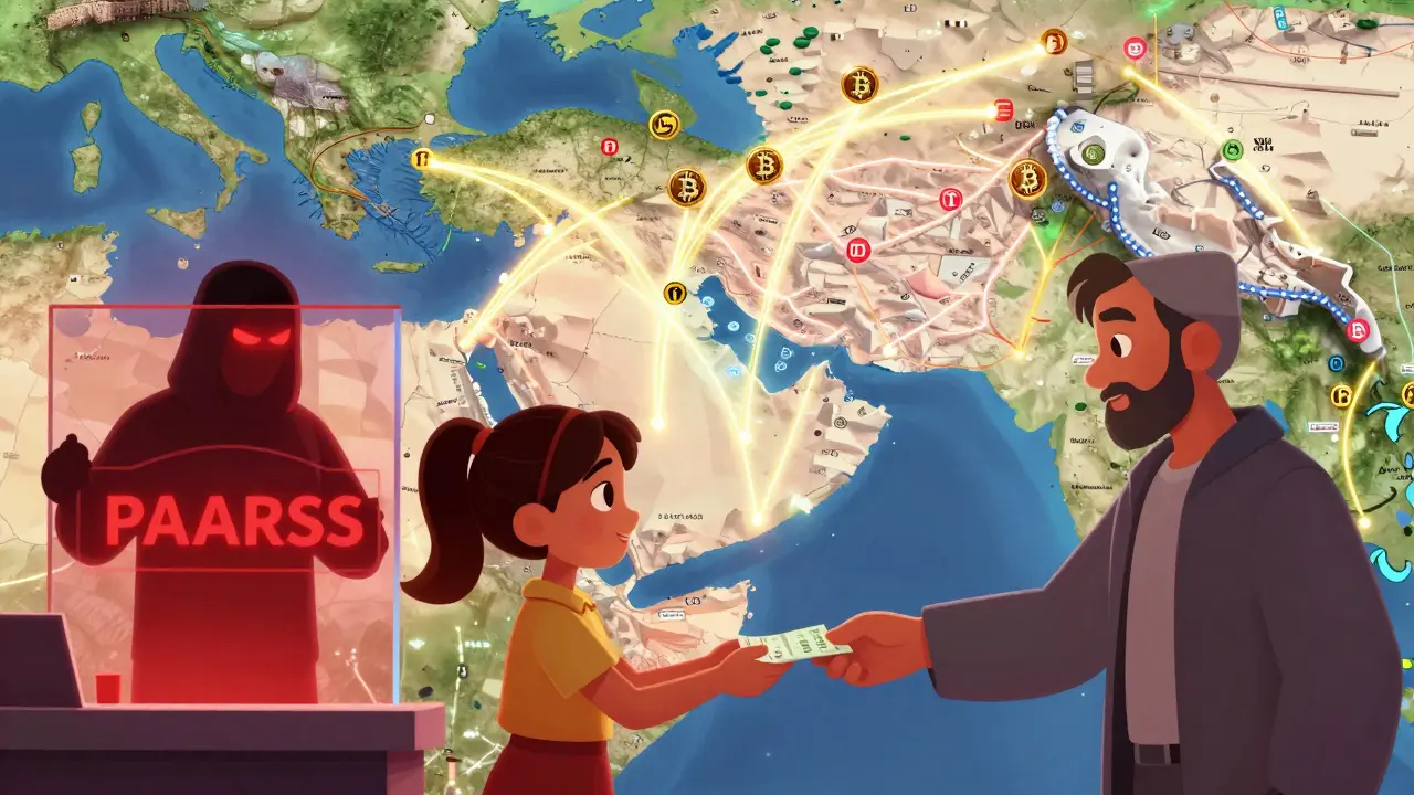 A glowing map shows crypto flows from Syria, with a barred figure labeled 'PAARSS' representing targeted sanctions on regime actors.