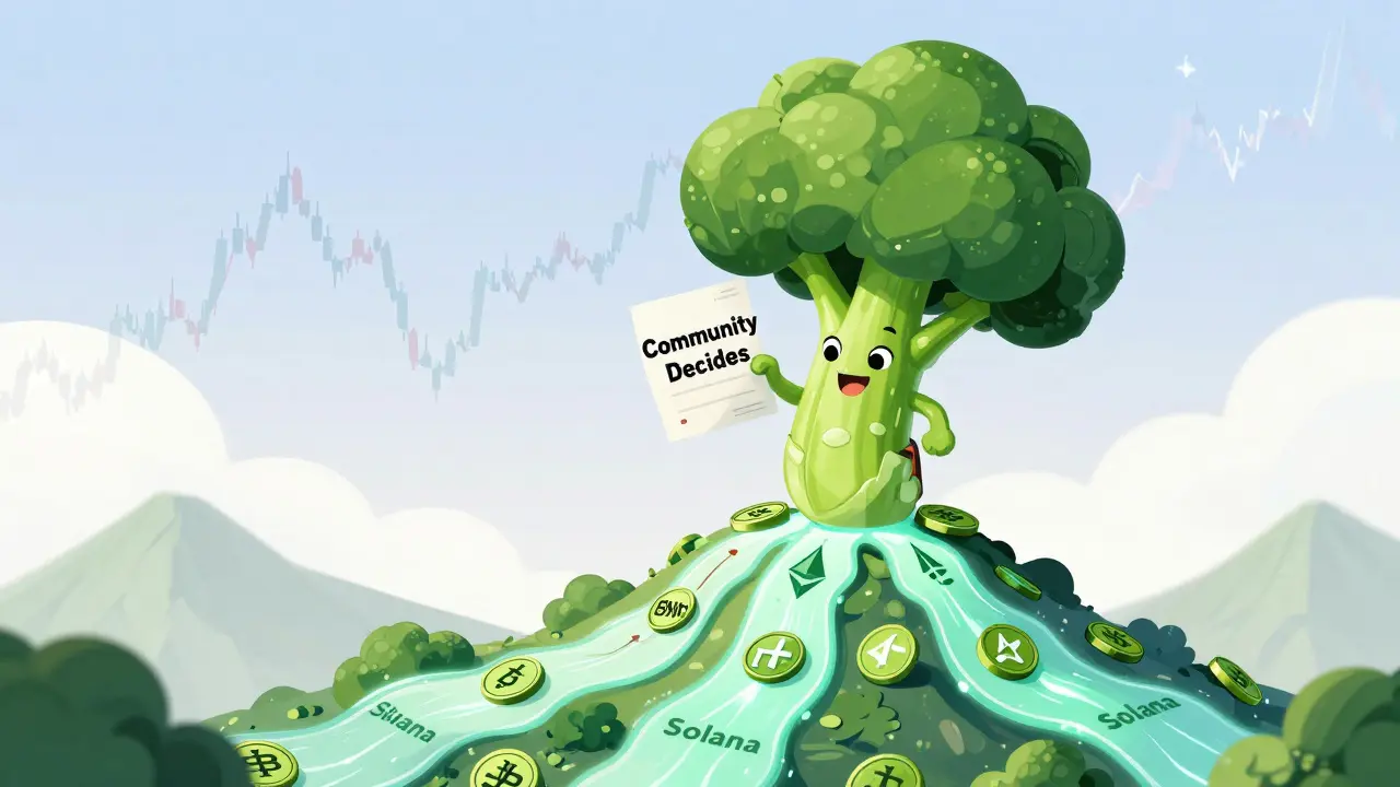A holder atop a mountain of BROCCOLI tokens, voting as blockchain pathways connect beneath them under a smiling broccoli cloud.
