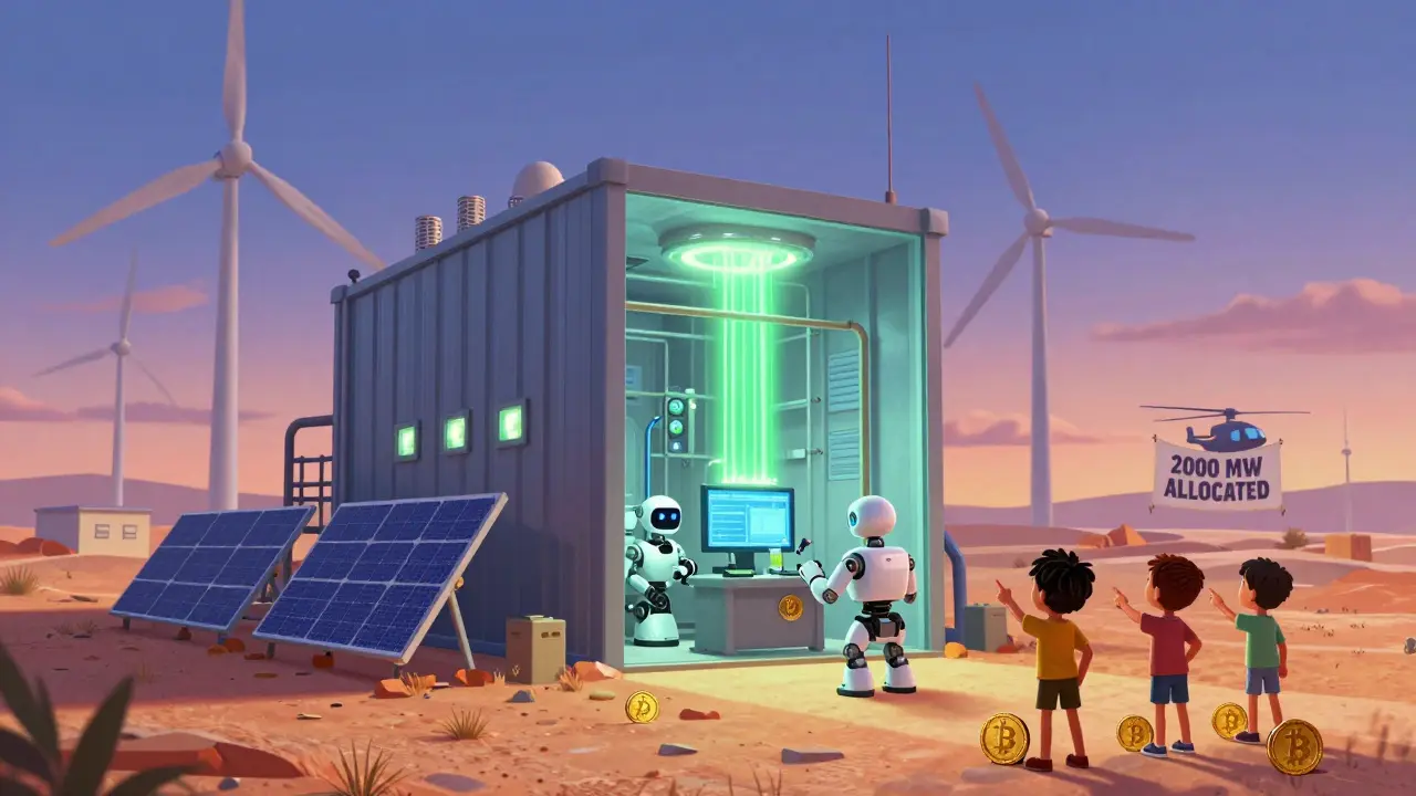 A large crypto mining facility powered by renewable energy in Pakistan, with children watching in wonder.