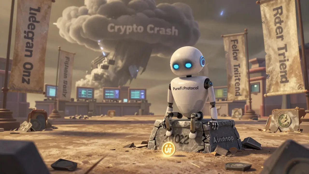 A lonely robot named PureFi sits on a crumbling pedestal surrounded by faded airdrop banners under a dark storm cloud.