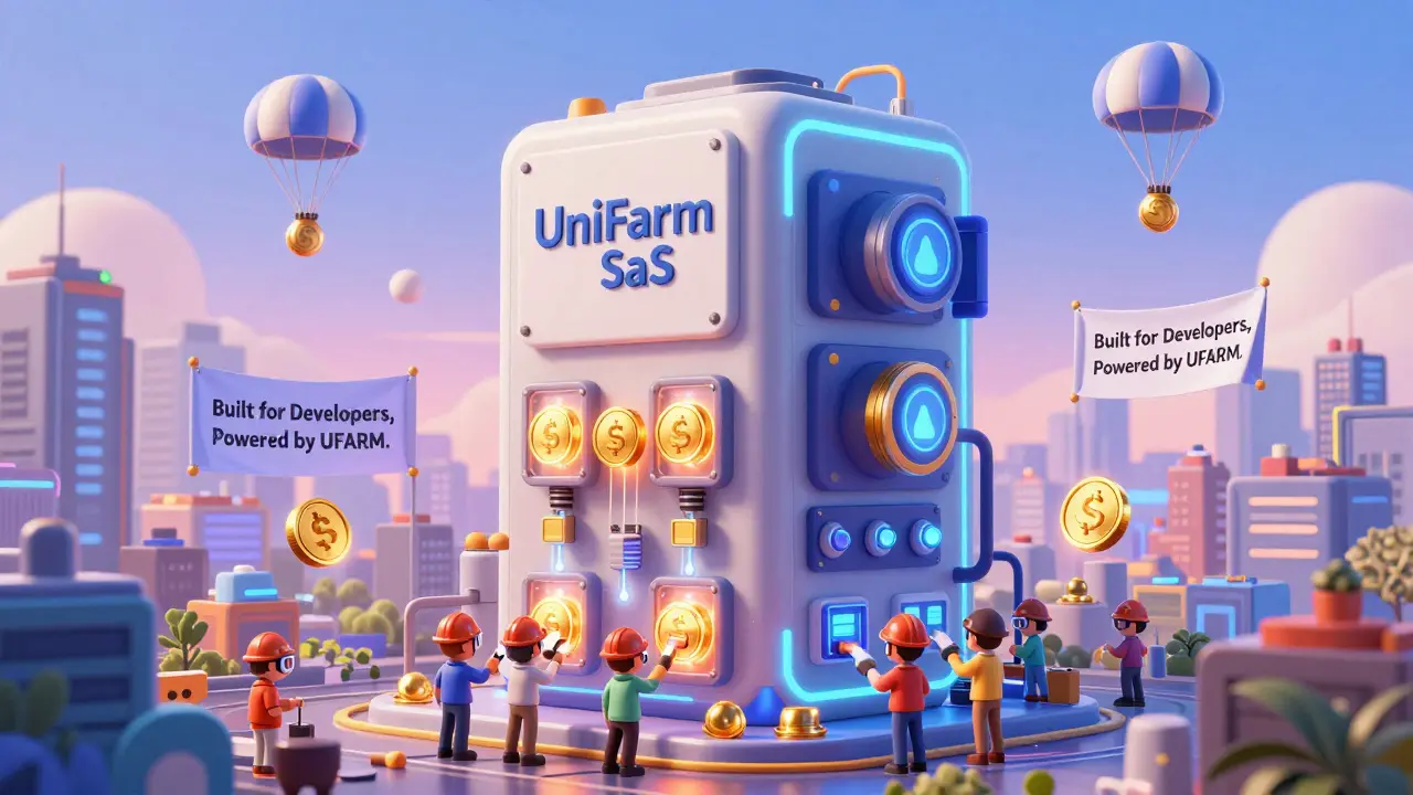 A massive UniFarm SaaS engine powering DeFi projects, with UFARM tokens as energy cores and reward tokens falling from the sky.